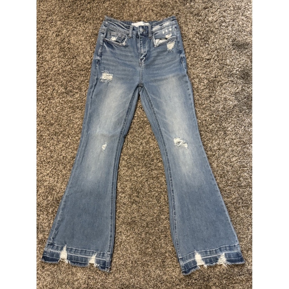 Bridge by Gly High Rise Flare Jeans Distressed Medium Wash Blue Women 25 BG5795R